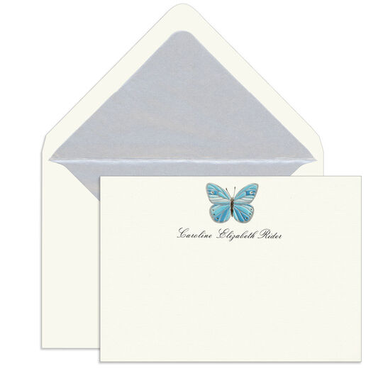Blue Butterfly Engraved Motif Flat Note Cards